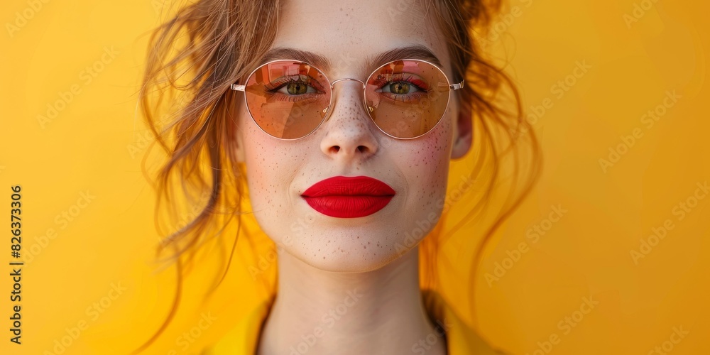 Portrait of a Beautiful Young Woman with Red Lipstick and Sunglasses