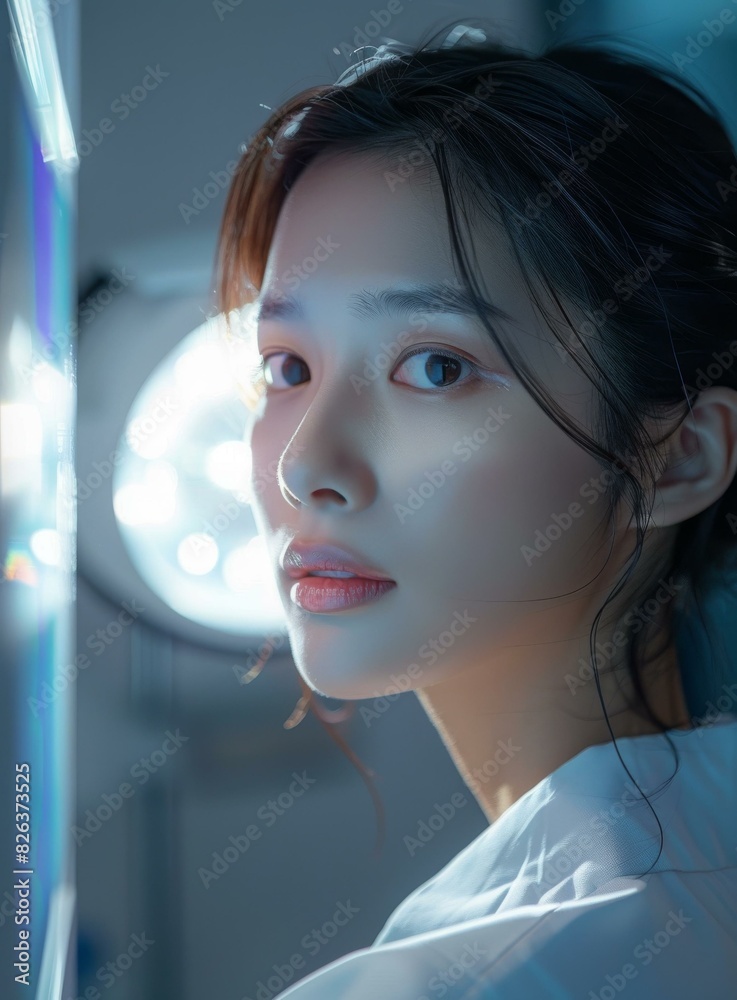 Portrait of a young Asian woman in a white lab coat looking at the camera with a serious expression. Portrait of a young Asian woman in a white lab coat looking at the camera with a serious expression.