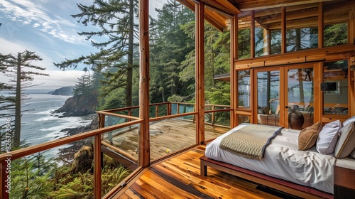 bedroom with a Pacific Northwest theme  including natural wood elements  earthy tones  and panoramic windows