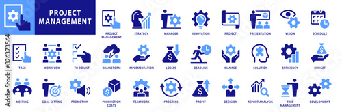 Project management icon collection. Time management and Planning, Task, Presentation and Schedule concepts. Dual color flat style icon set.