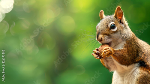 A furry squirrel feasts on a nut, its teeth gnawing away with determination on a green bokeh background photo