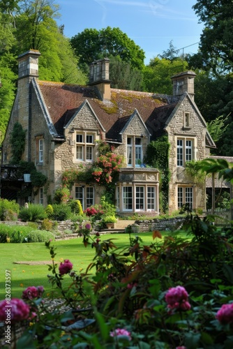 Relaxing English country manor with sunlit flower garden in summer