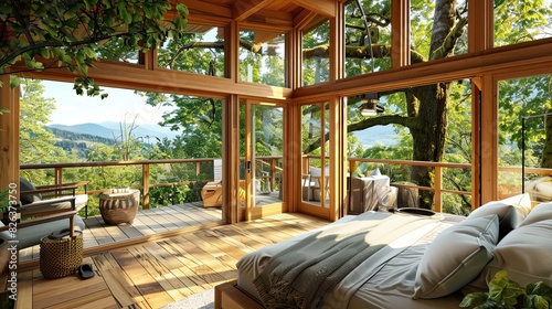 bedroom with a Pacific Northwest treehouse theme, including natural wood finishes, forest-inspired decor, and large windows