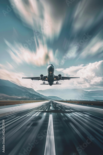 A jet plane taking off from a runway, captured from the ground level with the plane in sharp focus and the surrounding environment blurred to highlight the rapid ascent.