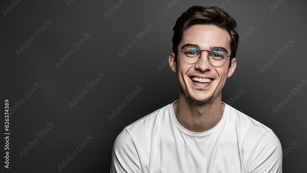 Positive Vibes Natural Light Portrait of a Young Man in White T-shirt and Round Glasses, Smiling Happily Against Grey Positive Vibes Natural Light Portrait of a Young Man in White T-shirt and Round Glasses, Smiling Happily Against Grey