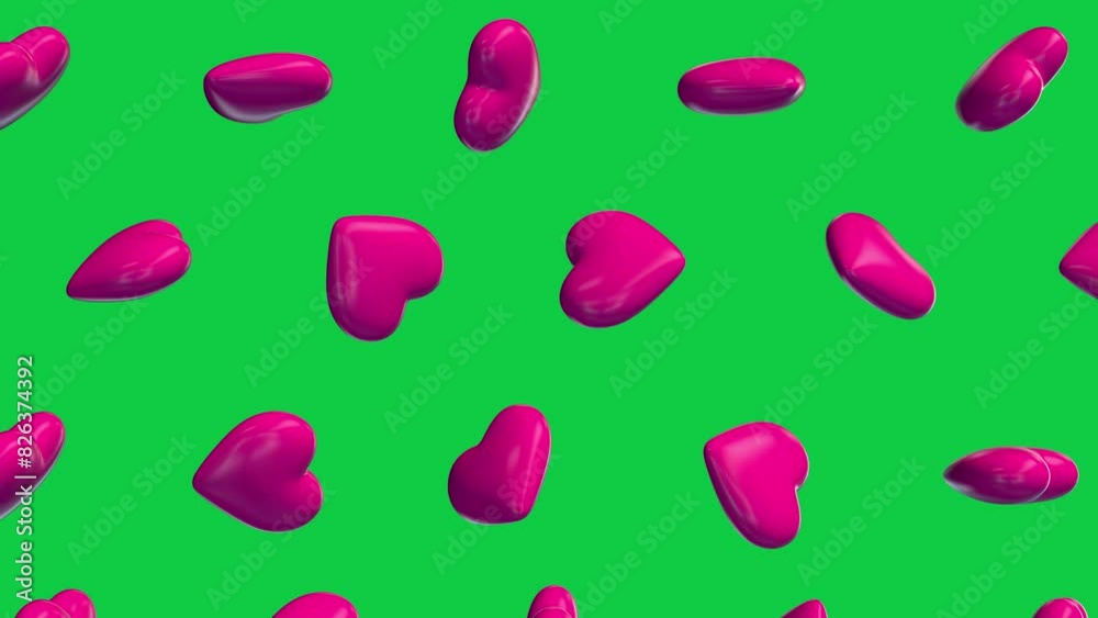 3d pink color glossy heart shape falling loop animation green screen chroma key background for valentine day, romantic event, wedding, anniversary, decorative element concept 3d render video 3d pink color glossy heart shape falling loop animation green screen chroma key background for valentine day, romantic event, wedding, anniversary, decorative element concept 3d render video