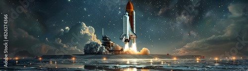 Majestic Space Shuttle Ready for Lunar at Illuminated Spaceport