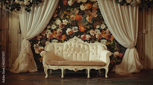 A white and gold ornate loveseat on a stage that has pink and white floral arrangements and swags of pink fabric behind it. photo