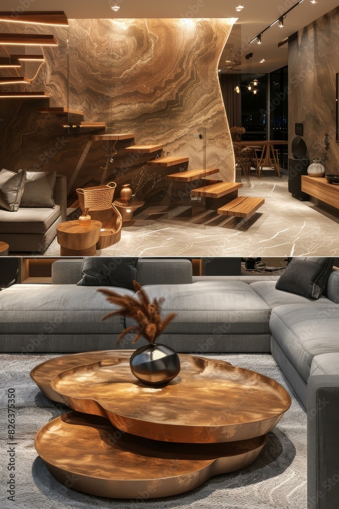 Fototapeta premium Modern Living Room Interior Design with Marble Wall and Wooden Stairs