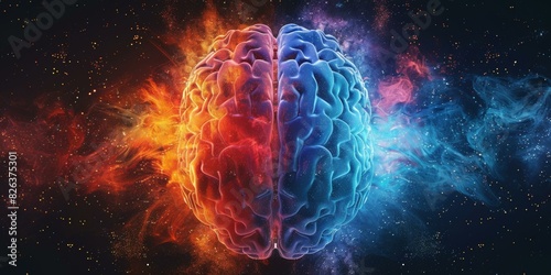 Blue and red brain halves with smoke photo