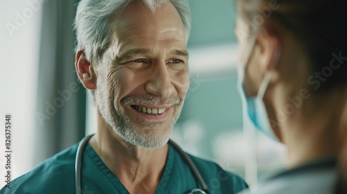 smiling grey-haired man looking at a nurse  with selective focus on his face  capturing the warmth and connection