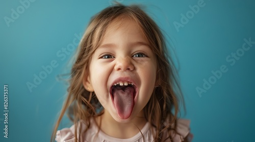 A child girl open her mouth and show her tounge photo