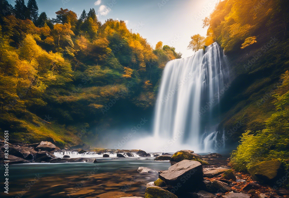 Landscape with a waterfall in a mountainous area with long exposure effect (flow effect)