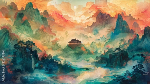 An illustration of a Chinese landscape painting with a pavilion in the center, surrounded by mountains and trees. photo
