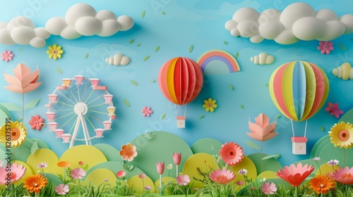 Whimsical Papercraft Landscape with Hot Air Balloons and Ferris Wheel