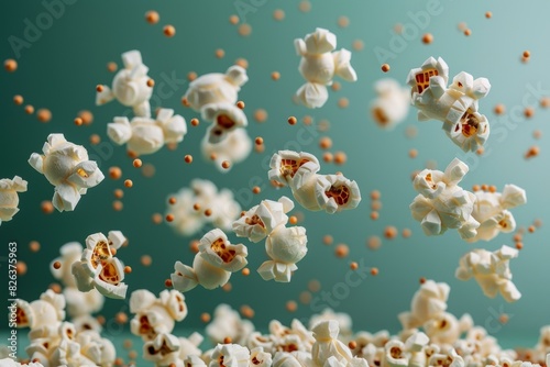 A mid-air shot of unpopped popcorn kernels and popped popcorn against a pale green background. photo