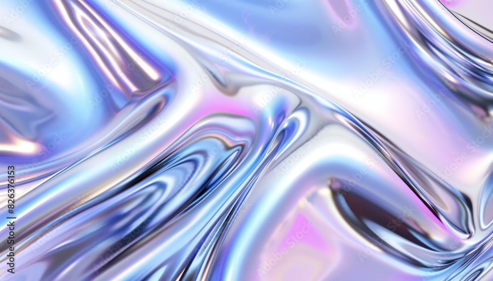 Obraz premium An abstract background depicting liquid metal with a chrome finish, showing a silver gradient and iridescent hues that create a modern and sleek visual texture