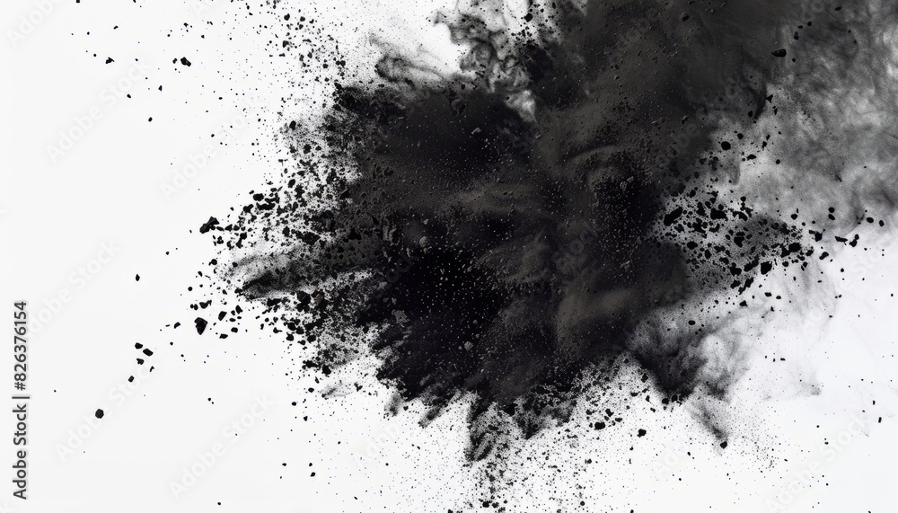 A dynamic scene of black charcoal powder exploding against a white background, creating an abstract and artistic visual effect suitable for dramatic presentations A dynamic scene of black charcoal powder exploding against a white background, creating an abstract and artistic visual effect suitable for dramatic presentations