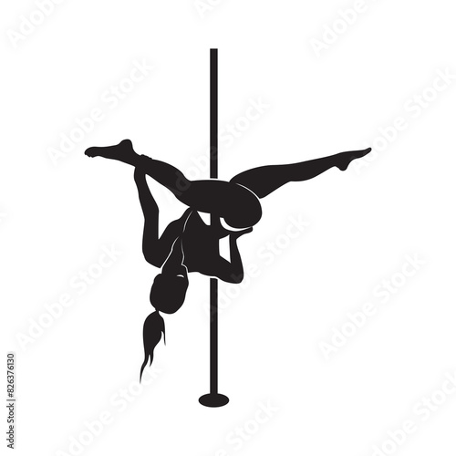 silhouette of sexy woman pole dancing. an upside-down head hanging from a pole