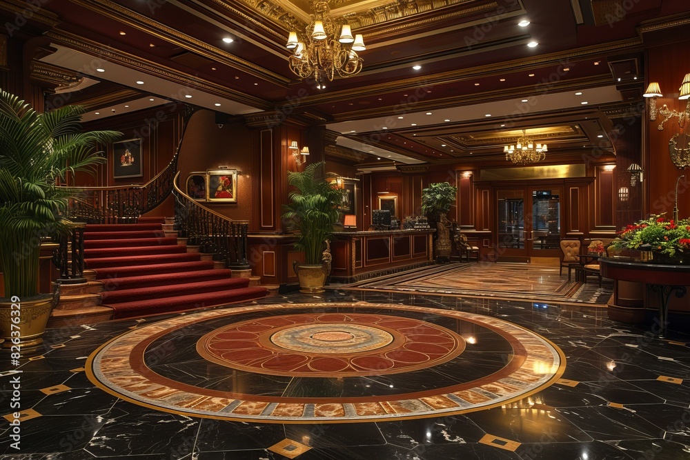 Opulent hotel lobby with marble flooring and grand staircase Opulent hotel lobby with marble flooring and grand staircase