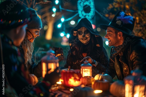 A group of friends in a variety of Halloween costumes are having a party with lanterns and decorations photo