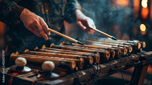 A man plays a musical percussion instrument with sticks on a dark background. photo