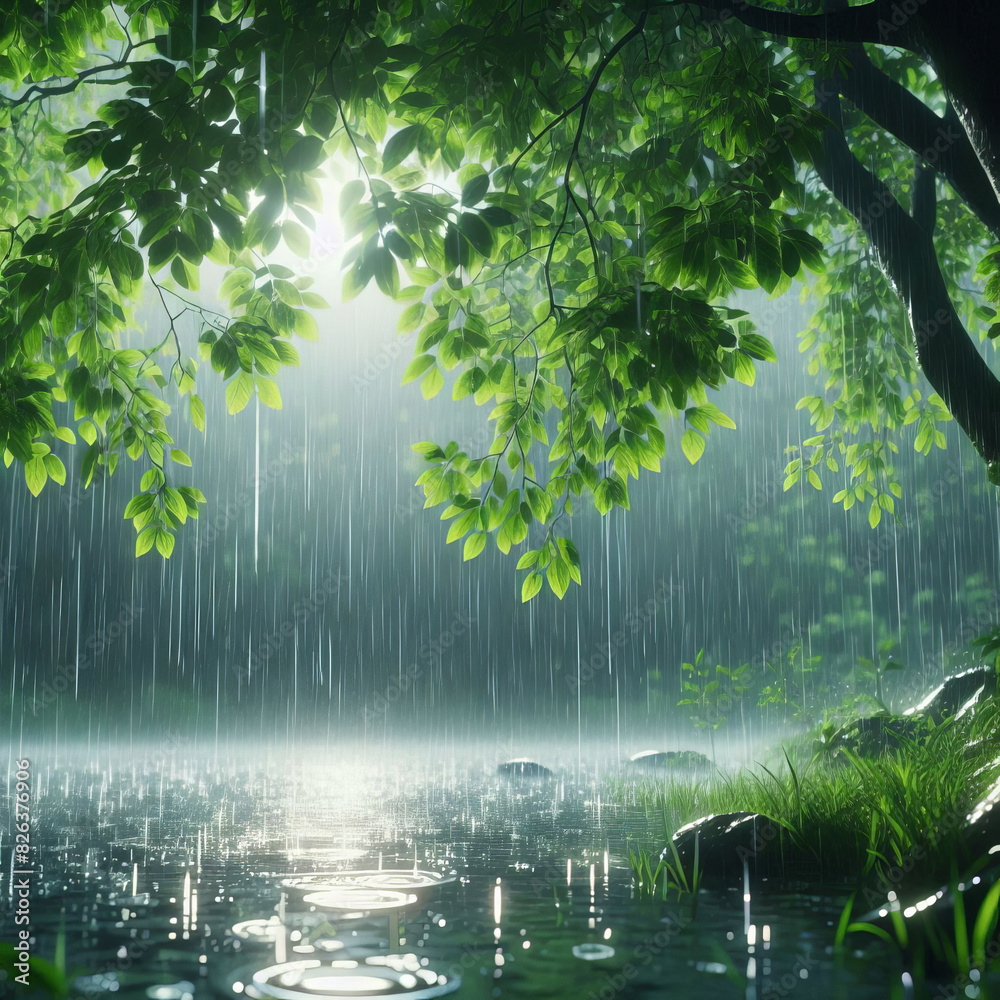 Obraz premium Rain falling in a forest with a lake, showcasing trees and water under the rain