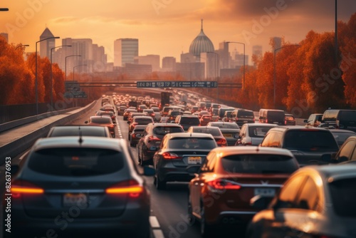 Φωτογραφία Rush Hour Traffic Gridlock on a City Highway at Sunset