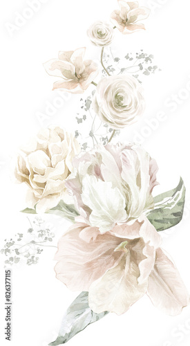 White Floral Bouquet Cream Pastel Watercolor Elegant Wedding Frame