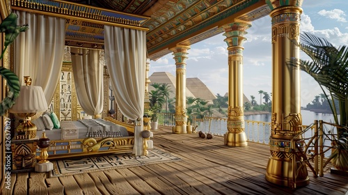 luxurious bedroom with a royal Egyptian theme, featuring gold columns, hieroglyphic murals, and an ornate canopy bed photo