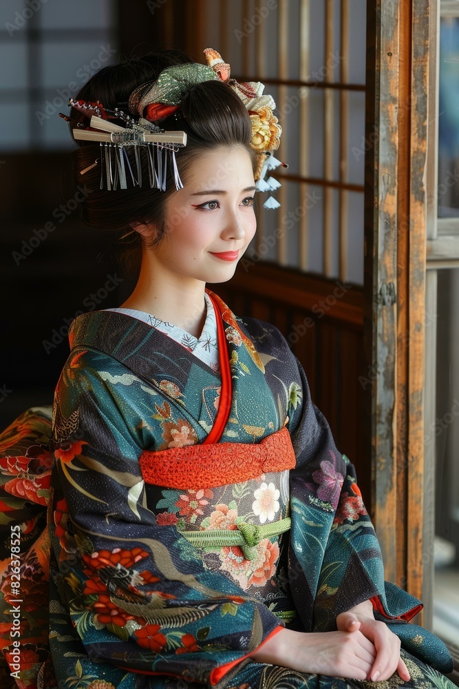 A Japanese woman wearing a kimono is sitting in a traditional Japanese room. A Japanese woman wearing a kimono is sitting in a traditional Japanese room.