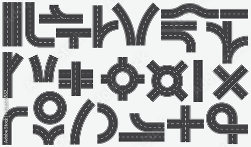 a collection of road signs with arrows and arrows.City road and highway top view. Street and road.