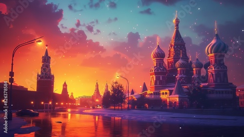 Beautiful view of Moscow, St Basil's Cathedral and the Kremlin at sunset, photo realistic, high resolution. photo