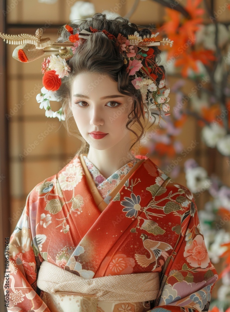 Beautiful Young Woman in Traditional Japanese Kimono with Floral Headpiece