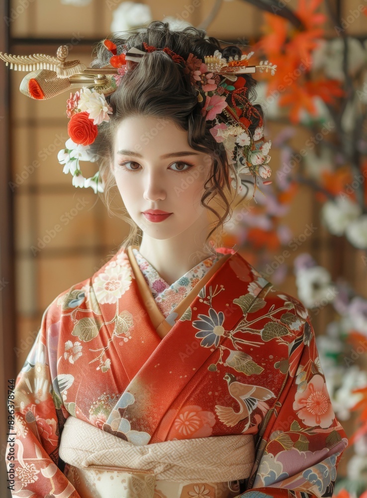 Beautiful Young Woman in Traditional Japanese Kimono with Floral Headpiece Beautiful Young Woman in Traditional Japanese Kimono with Floral Headpiece