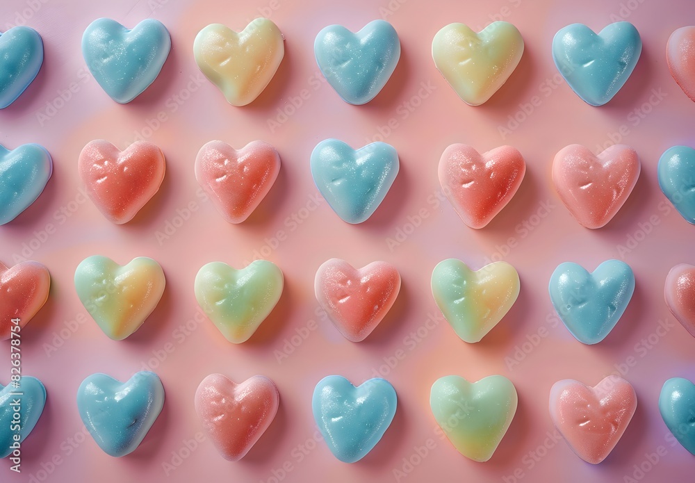 Colorful heartshaped candies arranged in a pattern on pastel background
Colorful heartshaped candies arranged in a pattern on pastel background
