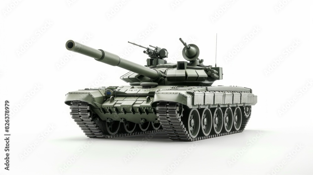 A large green tank with a black barrel and a white base A large green tank with a black barrel and a white base