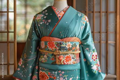 A kimono with a floral pattern and a golden obi