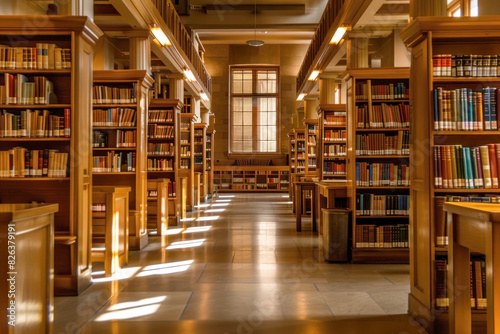 Classic Library with Rows of Books and Soft Lighting