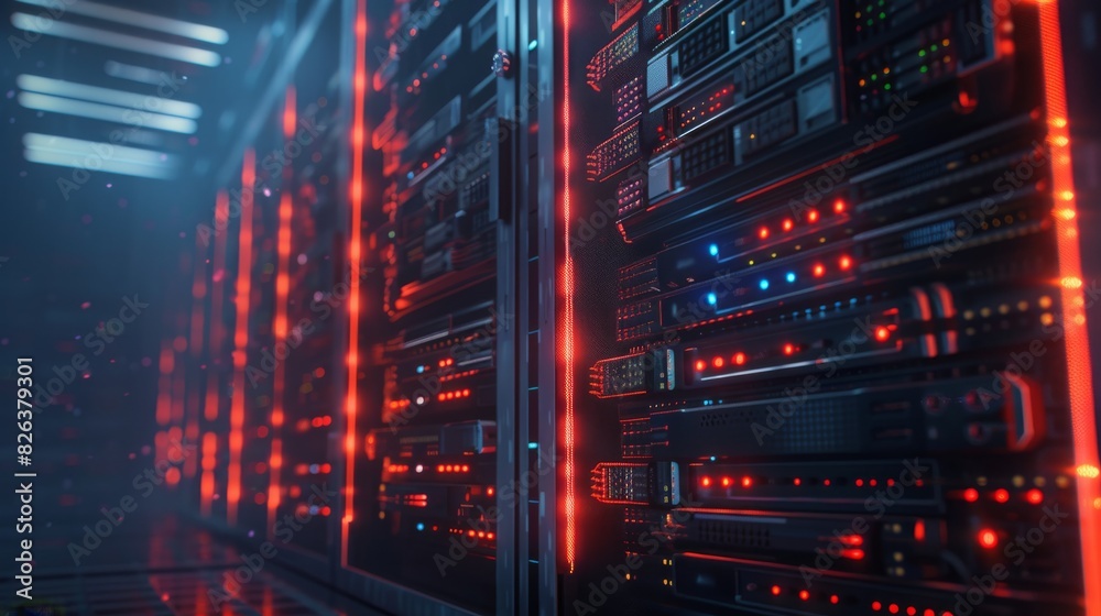 A computer server room with many servers and a red light