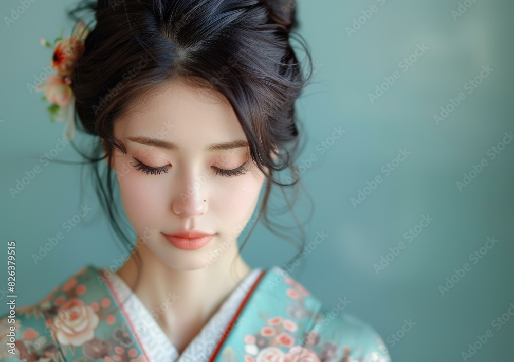 Portrait of a beautiful Asian woman in traditional Japanese kimono