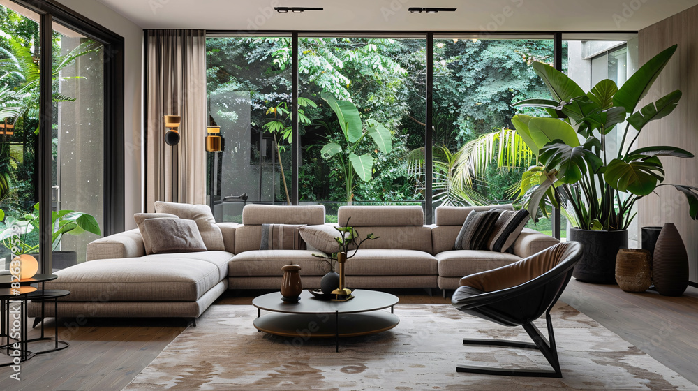 Fototapeta premium Modern living room with green plants and stylish furniture, blank white wall, and wooden floor