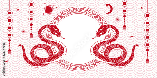 Happy chinese new year of the snake 2025 banner template with space for text. Festive vector illustration for banner, poster with snake, lantern, sun, moon, stars, asian elements in red, white colors.