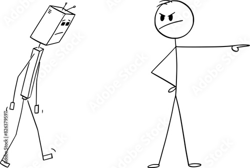 Human expelling robot or Ai or artificial intelligence, vector cartoon stick figure or character illustration.