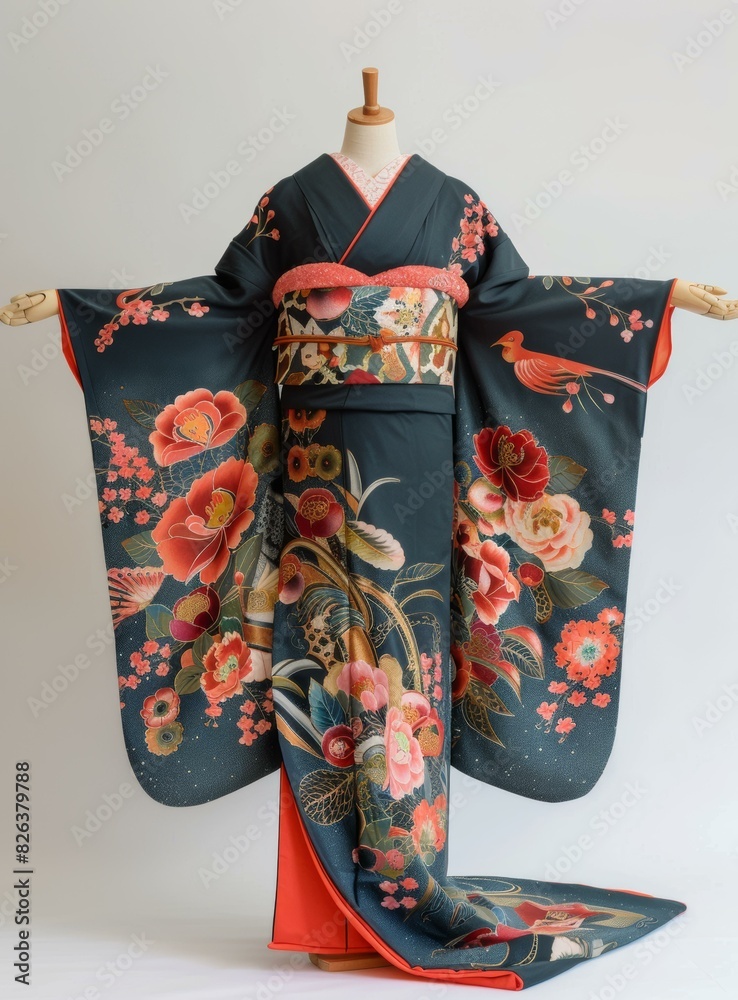 Naklejka premium A woman wearing a kimono with a floral pattern