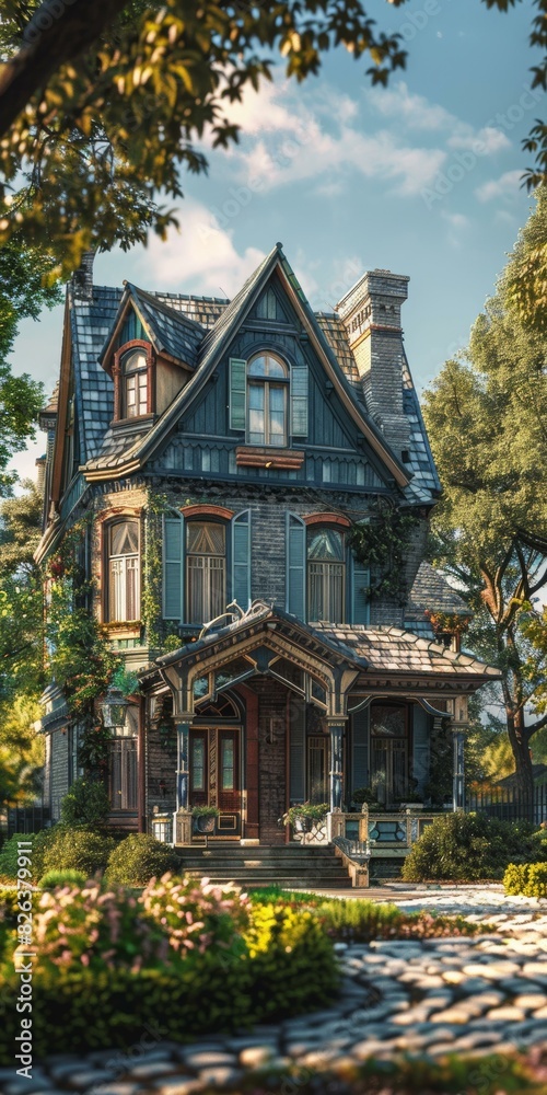 A beautiful Victorian house surrounded by trees and flowers