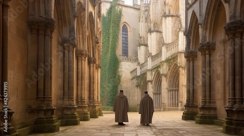 The image portrays two figures, likely monks, walking along the corridor of a grand, medieval cloister, overrun with creeping ivy photo