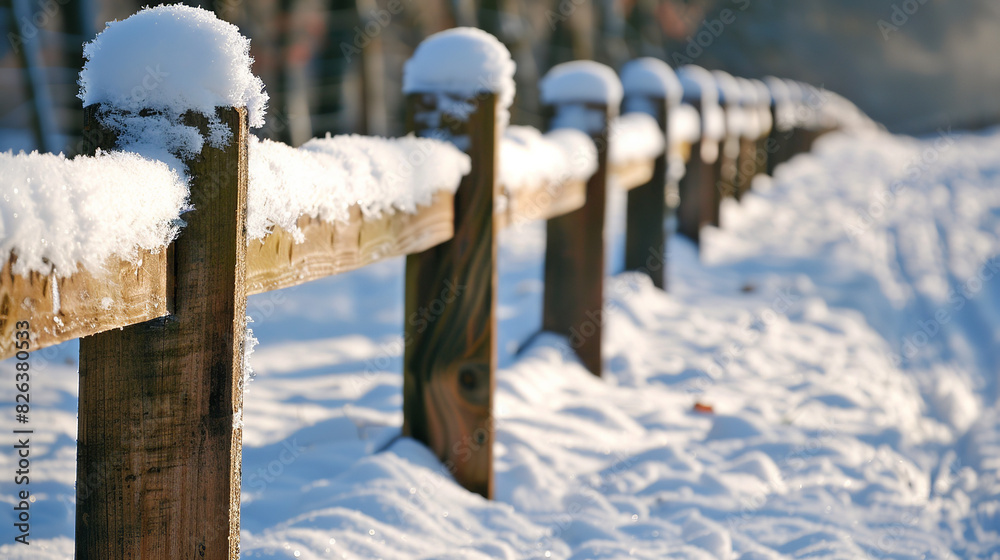 A close-up of a snow-covered fence post with ample space for copy A close-up of a snow-covered fence post with ample space for copy