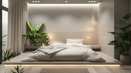 minimalist bedroom with a floating bed design, recessed lighting, and a neutral palette, enhanced by vibrant green plants for a natural touch