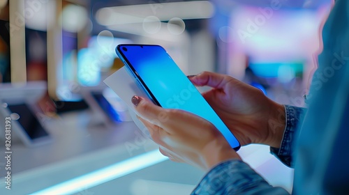 close up of hands holding new smartphone at store counter, cell phone mockup in female hand on display stand with blue screen photo
